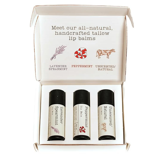 Handmade Tallow Lip Balm Collection: Unscented/Peppermint/Lavender-Spearmint (3x .33 oz)-Velvo Beauty