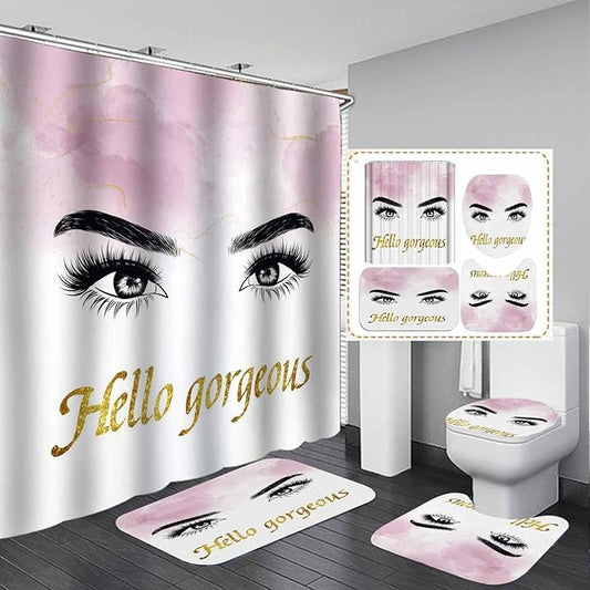 4PCS Hello Gorgeous Eyelash Shower Curtain Set, Gold Glitter Quotes Black Eyebrow Makeup Pink Marble Glam Modern Fashion Girly Women Bathroom Decor, Non-slip Bath Mat Toilet Rug, Charming Eyes-Velvo Beauty