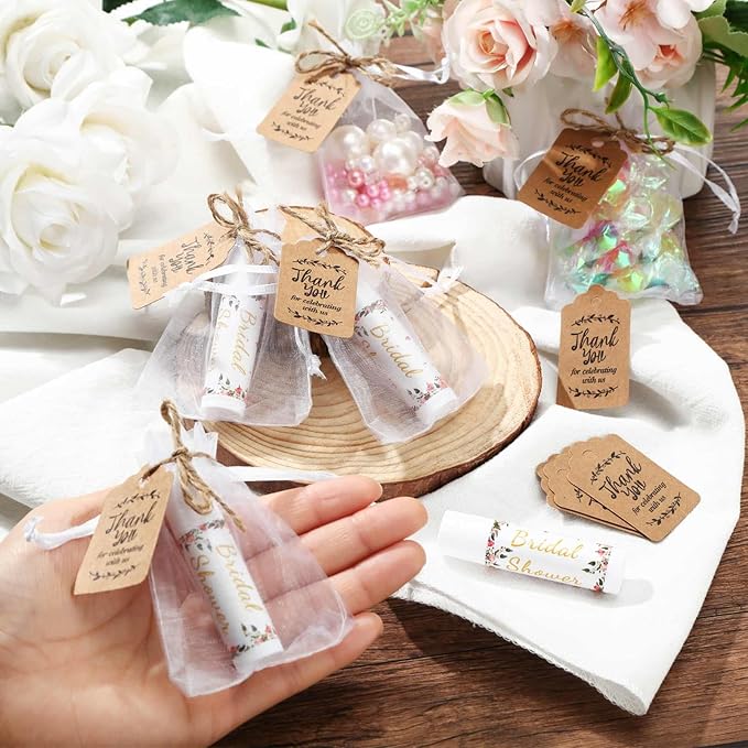 Demissle 50 Pcs Bridal Shower Lip Balm Gift Set with 100 Pcs Organza Bags Thank You Tags 20 Meters Rope wedding Party Favor for Guest Favors Gift Party Decoration Souvenirs(Floral)-Velvo Beauty