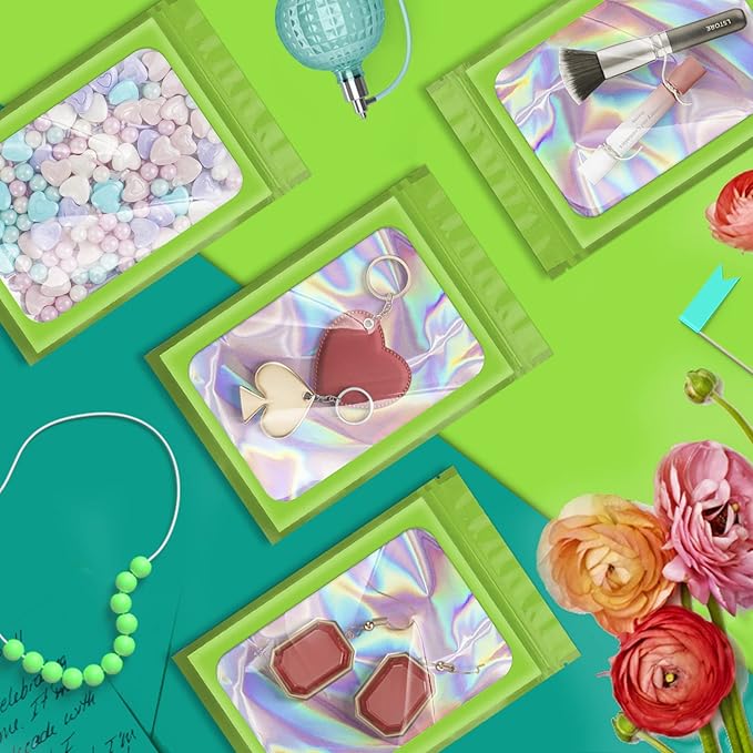 100 Pack Holographic Bags,Smell Proof Packaging Bags, Clear Window Resealable Odor Foil Pouch Mylar Bags for Food Storage and Lipgloss, Jewelry Lash(Green, 2.4 x 3.9 Inch)-Velvo Beauty