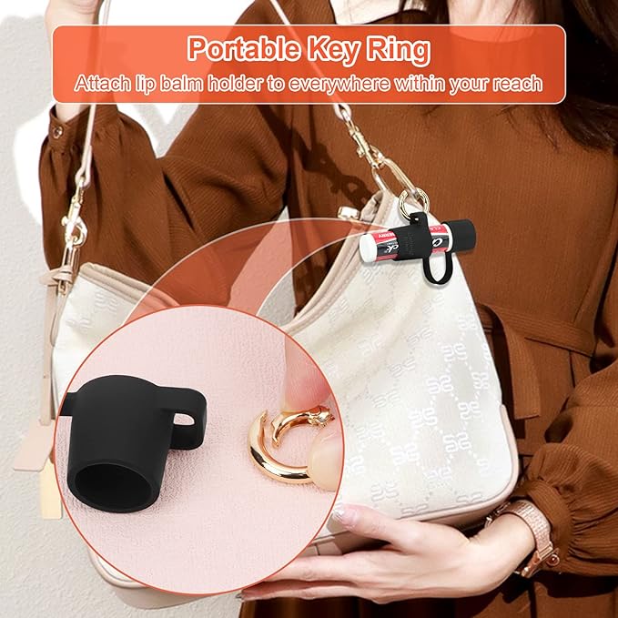 Desing Wish Silicone Lip Balm Holder with Cap Cover Portable Chapstick Holder Keychain Sleeve Lip Balm Key Chain with Key Ring and Wrist Strap Lanyard - Black-Velvo Beauty
