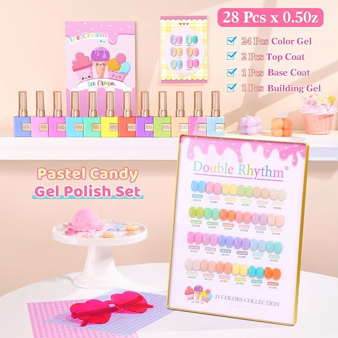 Double Rhythm 28Pcs 0.5Oz Gel Nail Polish Set Same Color Same Bottle Soak Off Gel Polish Kit Nail Art Manicure Salon DIY at Home for Women (Pastel Candy Collection-T24-5)-Velvo Beauty