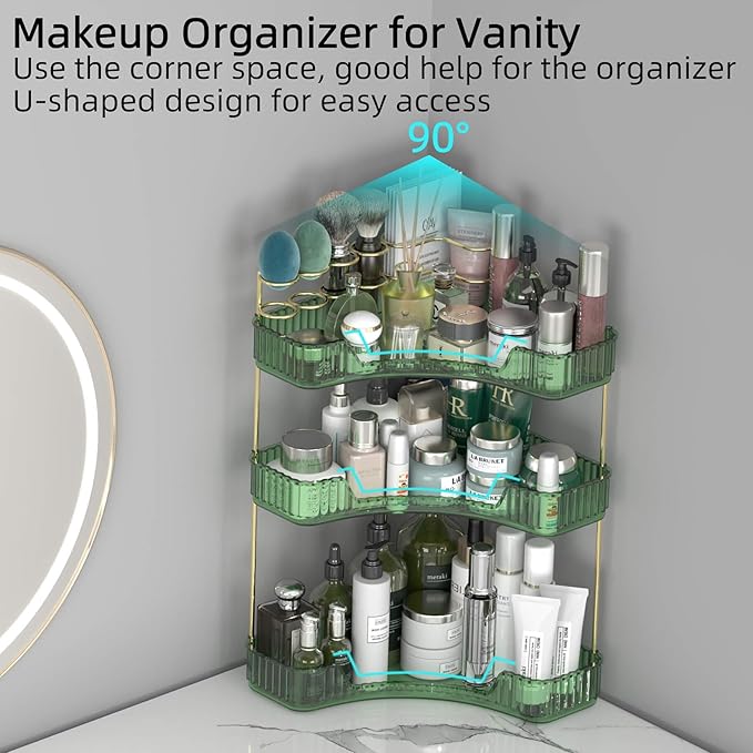 3 Tier Corner Bathroom Organizer Countertop, Vanity Makeup Organizer with Brush Holder, Space-Saving Skincare Storage Corner Shelf for Bathroom, Dressing Table, Kitchen-Velvo Beauty