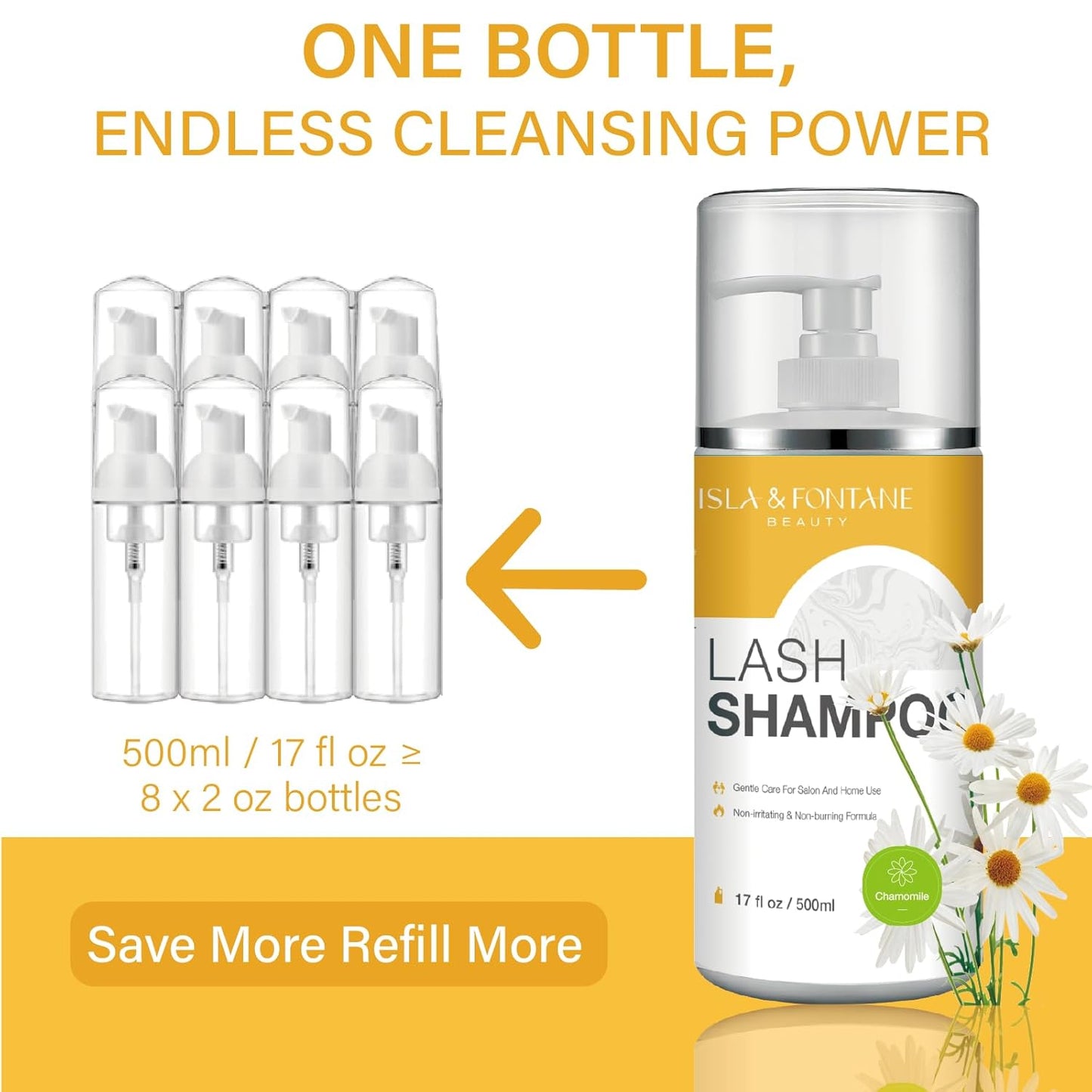 Isla & Fontane Lash Shampoo Bulk – Multi-Scent Series – 17 fl oz / 500ml | Gentle Eyelash Cleanser for Lash Extensions | Non-Irritating | Professional Lash Bath Foam For Salon And Home Use (Chamomile)-Velvo Beauty