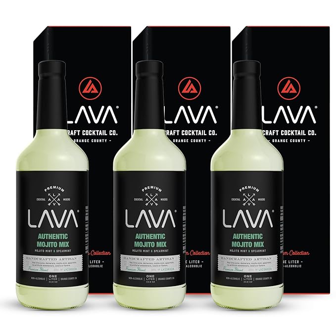 (3 Pack) LAVA Premium Authentic Mojito Mix, Made with Real Lime Juice, Mojito Mint, Spearmint, Demerara, Cane Sugar, Refreshing Rum Mojito Mixer. Ready to Use. 1-Liter (33.8oz) Glass Bottle-Velvo Beauty