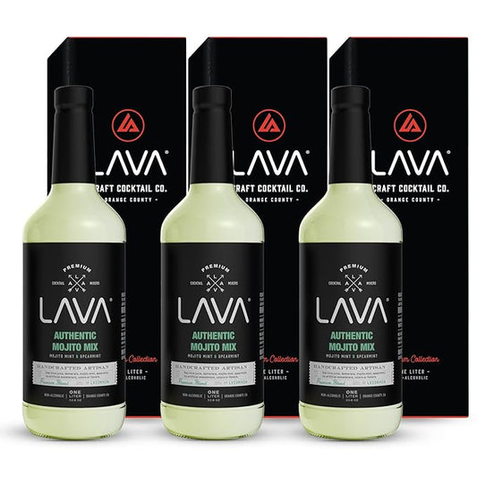(3 Pack) LAVA Premium Authentic Mojito Mix, Made with Real Lime Juice, Mojito Mint, Spearmint, Demerara, Cane Sugar, Refreshing Rum Mojito Mixer. Ready to Use. 1-Liter (33.8oz) Glass Bottle-Velvo Beauty