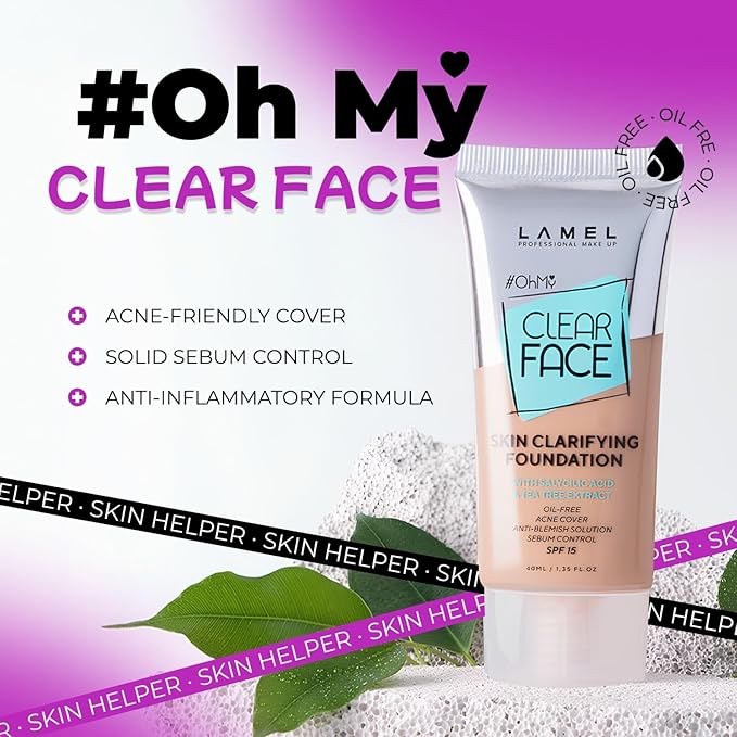 Lamel - Oh my Clear Face Foundation-404 Custard | Contains tea tree extract and salicylic acid |Controls sebum production |Anti-blemish formula |Oil free foundation | 40ml-Velvo Beauty