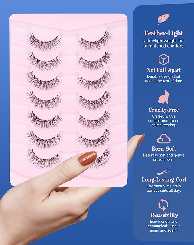 Short Lashes Natural Look Everyday Wispy Eyelashes Mink Flared Eyelashes Strip False Eye Lash Soft Clear Band 7 Pairs SF-05-Velvo Beauty