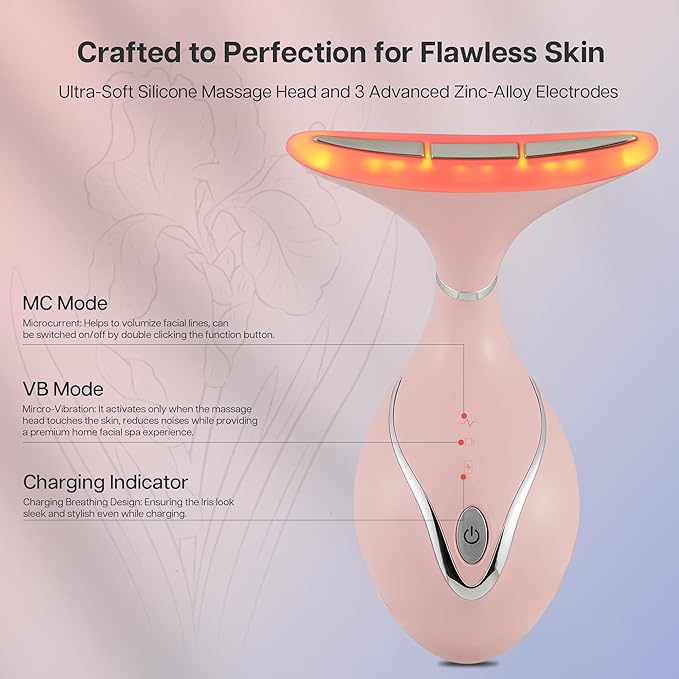 Iris Neck Face Massager, Pro Face Sculpting Tool with Charging Base, All-in-1 Facial Device for Enhanced Absorption, Radiance, Contouring, Elasticity, Home Facial Spa (Pink)-Velvo Beauty