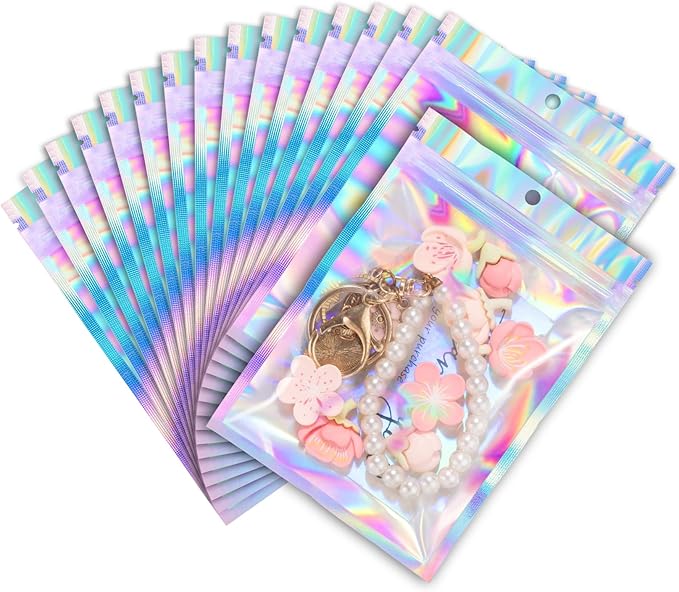 ANZNKU 100 Pack Mylar Bags Reasealable Holographic Bags, Smell Proof Bag Zipper Pouches with Clear Window, Jewelry Candy Sealable Bag for Packaging Sample Party Favor (5.1 x 8.3 Inch)-Velvo Beauty