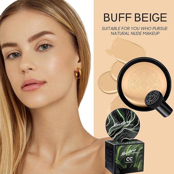 Mushroom Head Air Cushion CC Cream - BB Cream Foundation Makeup Moisturizing Concealer Long-Lasting, Cushion Foundation Full Coverage Self Adjusting for Mature Skin & All Skin Types (Buff Beige)-Velvo Beauty