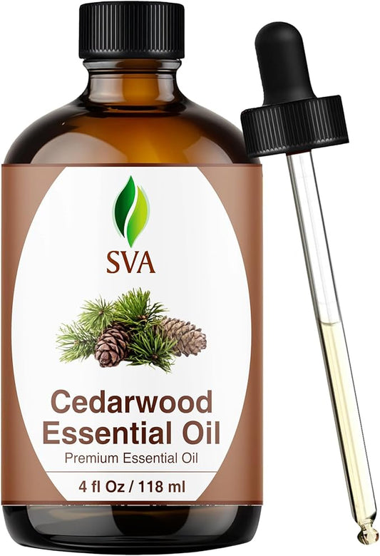 SVA Cedarwood Essential Oil – 4 Fl Oz – 100% Natural Cedar Cupressus Funebris Oil - for Diffuser, Hair Care, Face, Skin Care, Aromatherapy, Scalp and Body Massage, Soap and Candles - with Dropper-Velvo Beauty
