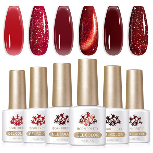 Born Pretty Jelly Burgundy Gel Nail Polish Halloween Ruby Blood Red Glitter Cat Magnetic Eye Gel Nail Polish Cherry Wine Red Gel Polish Collection Soak Off U v Led Gel Nail Kit Minicure DIY Gift 6PCS-Velvo Beauty