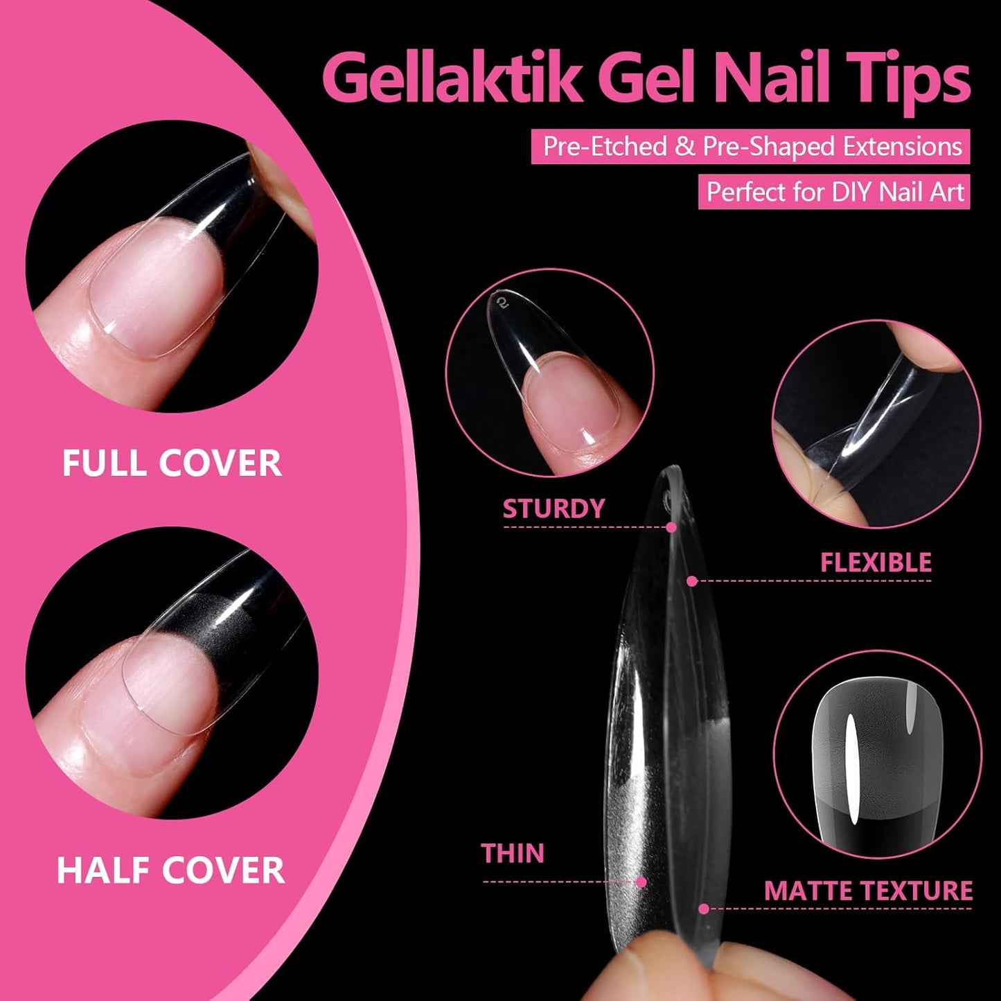 Medium Almond Nail Tips 500PCS, Clear Acrylic Full Cover Gel Press on Nail Tips for DIY, 10 Sizes Pre-Shaped False Nails with Half Matte Finish, Professional Manicure Kit & Easy Application-Velvo Beauty