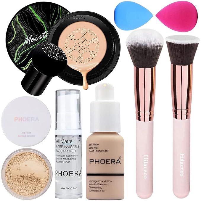 PHOERA Foundation Full Coverage Makeup, Mushroom Head Air Cushion CC Cream Natural Foundation, PHOERA Primer, PHOERA Powder, Brushes Foundation Brush,2 Makeup Sponge (103Warm peach + 03Warm NudeCC)-Velvo Beauty