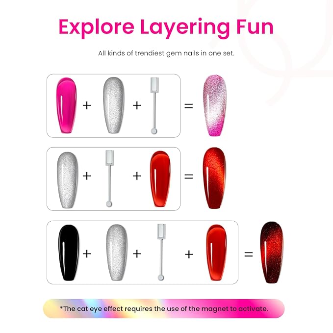 Beetles Gel Nail Polish Set, 6 Colors Silver Cat Eye Gel Polish Sheer Jelly Red Pink Yellow Green Black Neon Gel Translucent Glitter Effect with Magnet Soak Off UV Manicure Gifts for Women-Velvo Beauty