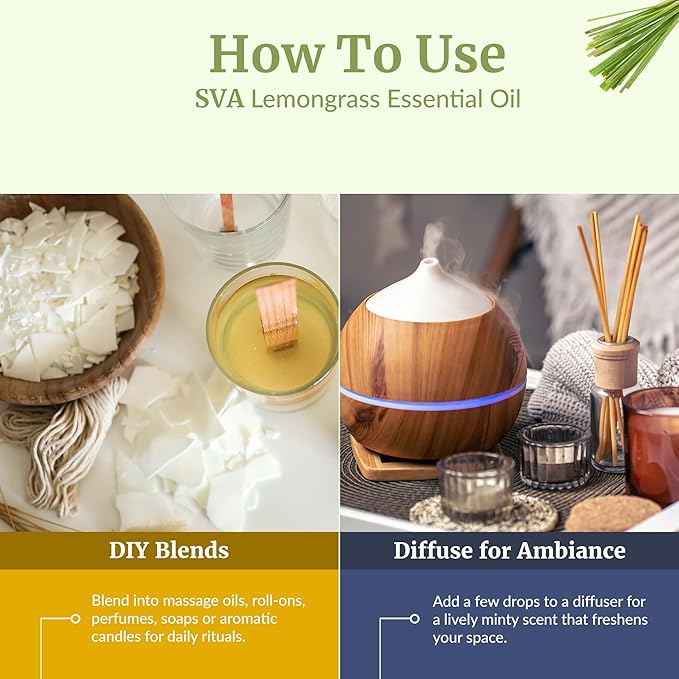SVA Lemongrass Essential Oil – 4 Fl Oz – 100% Natural Lemongrass Oil - for Diffuser, Hair Care, Face, Skin Care, Aromatherapy, Scalp and Body Massage, Soap and Candle Making - with Dropper-Velvo Beauty