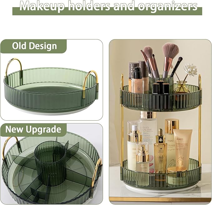 Rotating Makeup Organizer for Vanity, High-Capacity Skincare Clear Make Up Storage Perfume Organizers Cosmetic Dresser Organizer Countertop 360 Spinning (Green, New-2 Tier)-Velvo Beauty