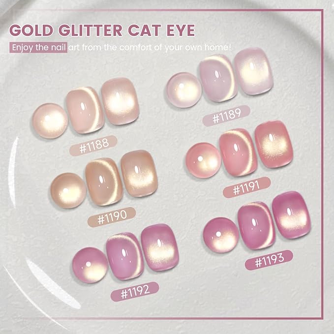 RARJSM Jelly Nude Gold Glitter Cat Eye Gel Nail Polish Set 6Pcs Sheer Pink Light Purple Champagne Mavue Brown Diamond Cateye Gelpolish with Magnetic Stick UV LED Curing Require Home Salon Nail Design-Velvo Beauty