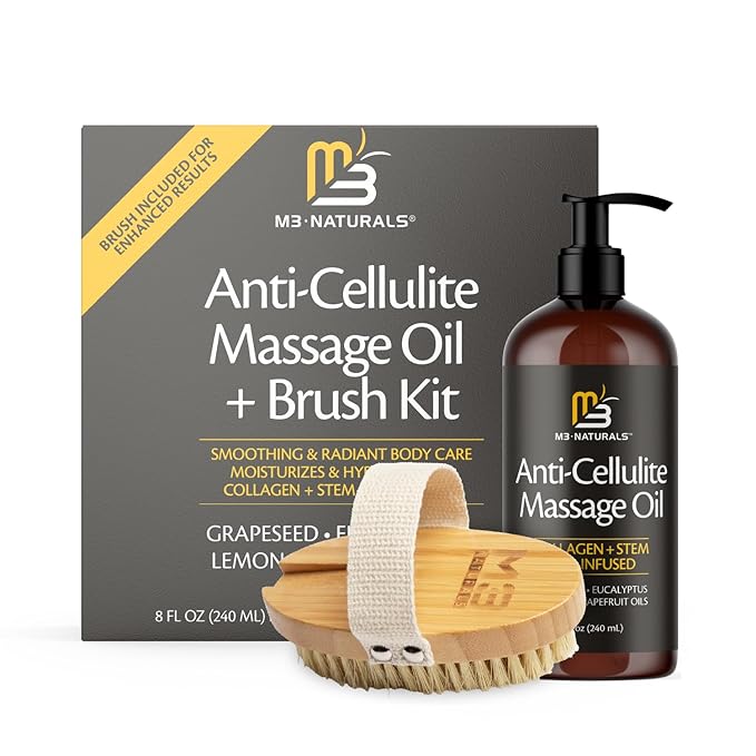 M3 Naturals Anti Cellulite Massage Oil and Firm Dry Brush Kit | Collagen & Stem Cell Skin Tightening Kit | Radiant Body Care Kit for Women-Velvo Beauty