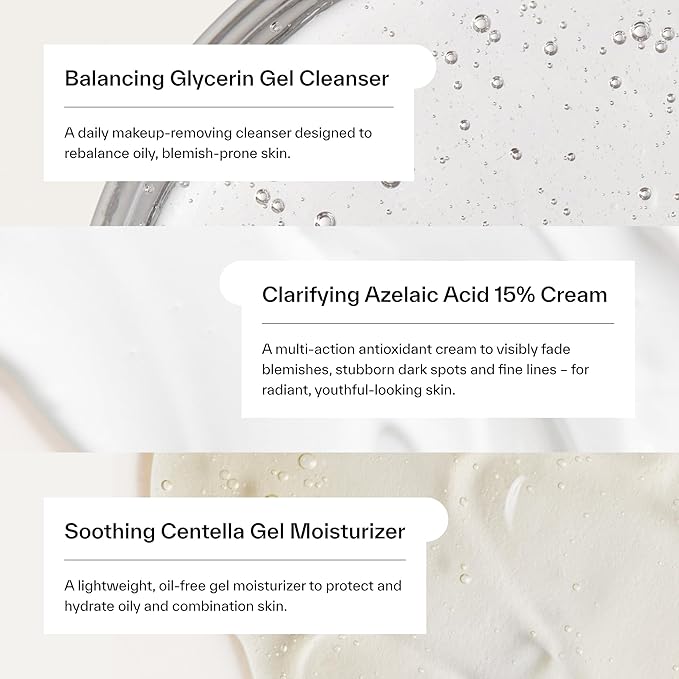 Dermatica Blemish Control Kit, Balancing Glycerin Gel Cleanser (200ml), Clarifying Azelaic Acid 15% Cream (30ml), Soothing Centella Gel Moisturiser (50ml)-Velvo Beauty