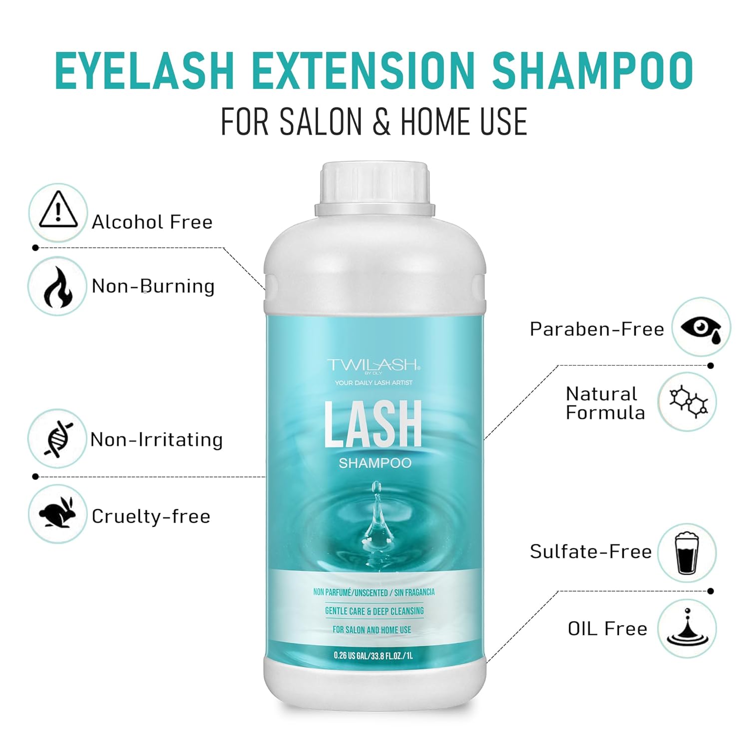 Lash Shampoo Bulk, Eyelash Cleanser for Extensions 1 Liter, Safe Makeup Remover, Non-irritating or Burning Formula Eyelid Foaming Cleanser for Professional Salon and Home Use (Unscented-1L)-Velvo Beauty