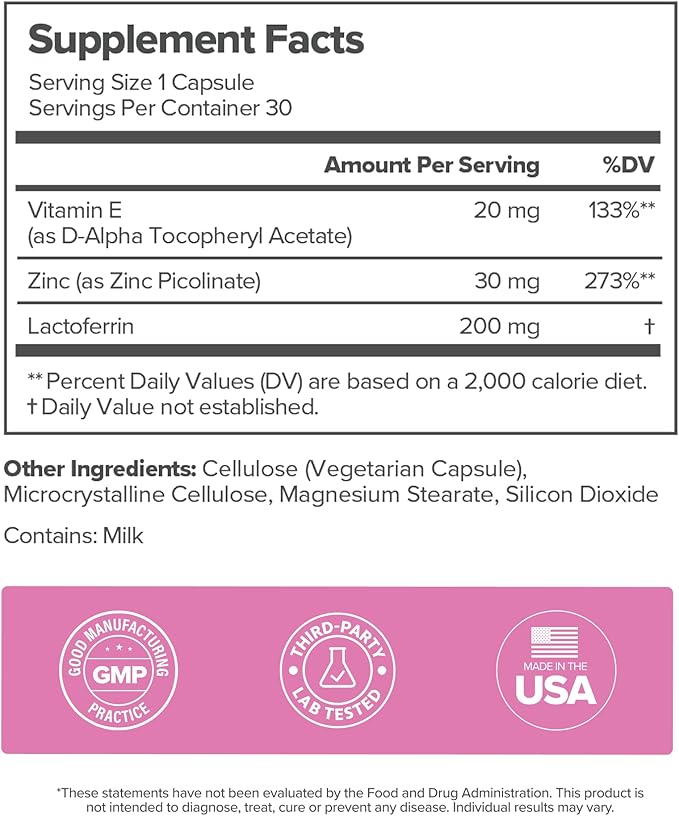 O Positiv FLO Acne Capsules – Reduce Number and Severity of Pimples, Whiteheads, Blackheads, and Pustules on Face, Back, and Body – Colostrum-Derived Lactoferrin, Zinc and Vitamin E – 30 Servings-Velvo Beauty