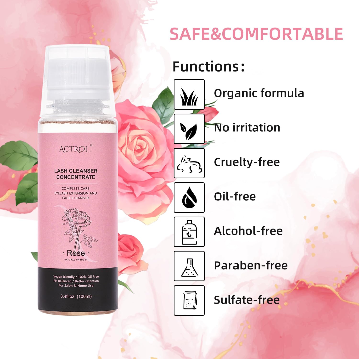 Eyelash Shampoo Concentrate 100ml Lash Extensions Cleanser Concentrate Rose Natural Foaming Shampoo Wash for Extensions Lashes with Salon Home Care-Makes 60ml Bottles-Velvo Beauty