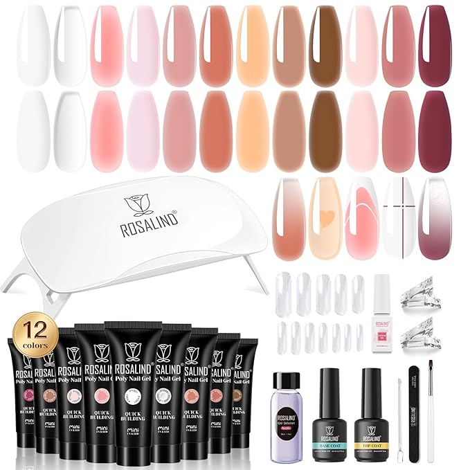 ROSALIND Poly Nail Gel Kit -12 Colors + Nail Art Accessories kit Clear Nude Poly Nails Gel Kit Starter Kit With Slip Solution Pro Nude Pink Nail Extensions Gel Set with Mini UV Lamp-Velvo Beauty