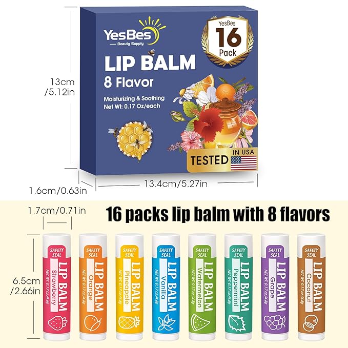 16 Pack Lip Balm, Natural Lip Balm Bulk with Vitamin E and Coconut Oil, Moisturizing Lip Balm for Dry Cracked Lips, Lip Balm for Stocking Stuffers - 8 Flavors-Velvo Beauty