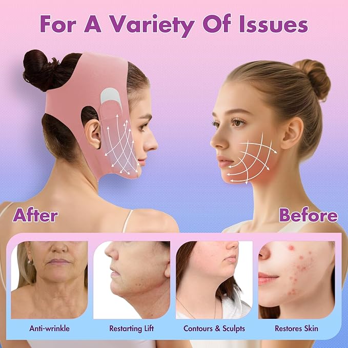 Face Slimming Strap, Double Chin Reducer Band, Graphene V-Line Mask Chin Up Mask V Shaped Face Mask Chin strap for sleeping, V-Line Lifting Mask for Women, Pink, Medium-Velvo Beauty