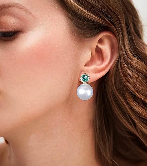 Vintage Emerald Pearl Earrings Gold Pearl Drop Earrings Green Emerald Studs Earrings Rhinestone Pearl Emerald Earrings Jewelry for Women-Velvo Beauty