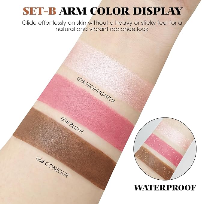 3Pcs Cream Contour Stick Makeup Kit - Cream Blush Stick Highlighter Stick Contour Bronzer Stick for Cheeks, Waterproof Long Lasting Blendable, Contour Stick Trio for Face Makeup (#02, 05, 06)-Velvo Beauty