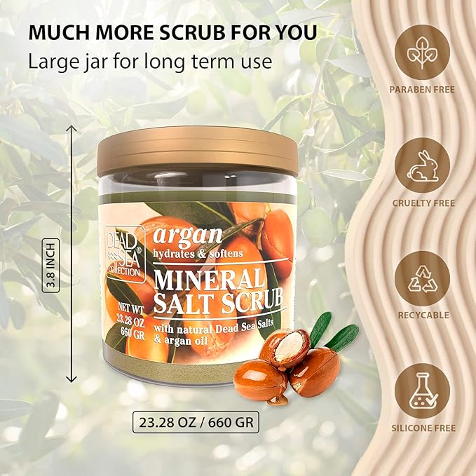 Dead Sea Collection Argan Salt Scrub – Exfoliating Body Scrub for Women – Moisturizing and Nourishing Skin – with Pure Oils and Dead Sea Minerals (23.28 Oz)-Velvo Beauty