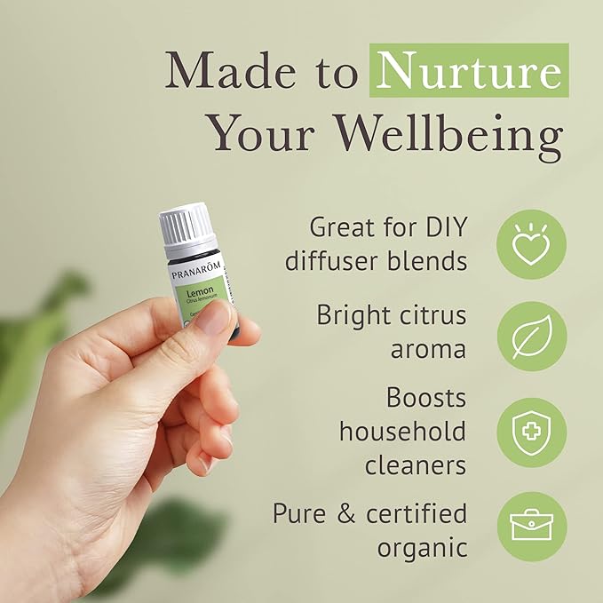 Pranarom USDA Certified Organic Lemon Essential Oil (5ml), 100% Pure Undiluted Therapeutic Grade from Argentina for Aromatherapy, Diffuser, DIY, Cleaning, Fresh Lemon Scent-Velvo Beauty