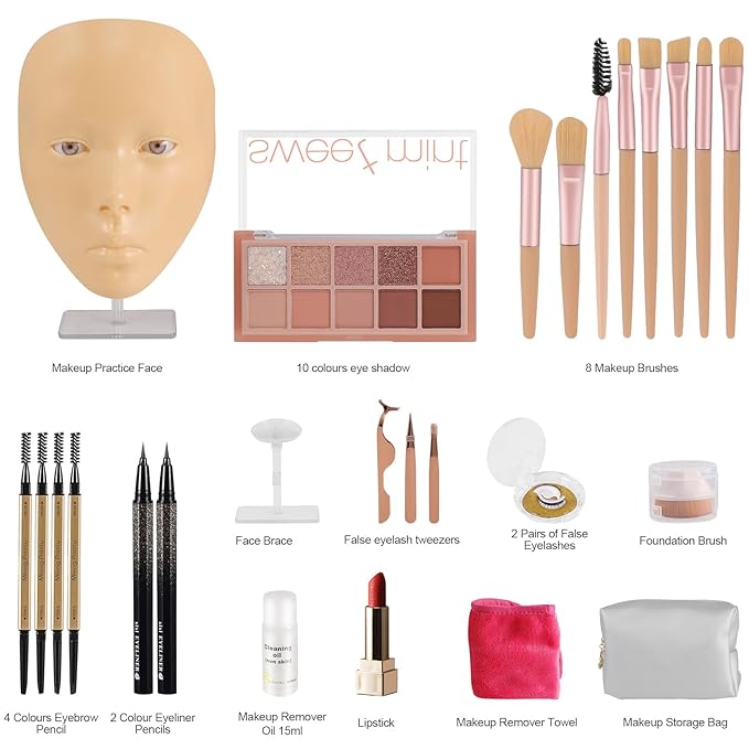3D Makeup Practice Kit,Reusable Silicone Makeup Practice Face Board/Makeup Mannequin Face,with Makeup Brushes Set&Eyebrow Pencils&Eyelashes&a Makeup Bag&makeup remover towel&Eyeshadow&Lipstick-Velvo Beauty