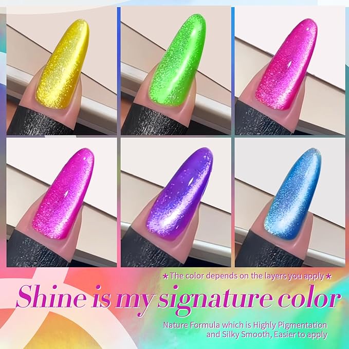 Born Pretty Cat Magnetic Eye Gel Nail Polish Spring Summer Neon Shimmer Glitter Holographic Cat Magnetic Eye Gel Crystal Glass Cat Magnetic Gel Polish Nail Art Manicure DIY at Home 6PCS-Velvo Beauty