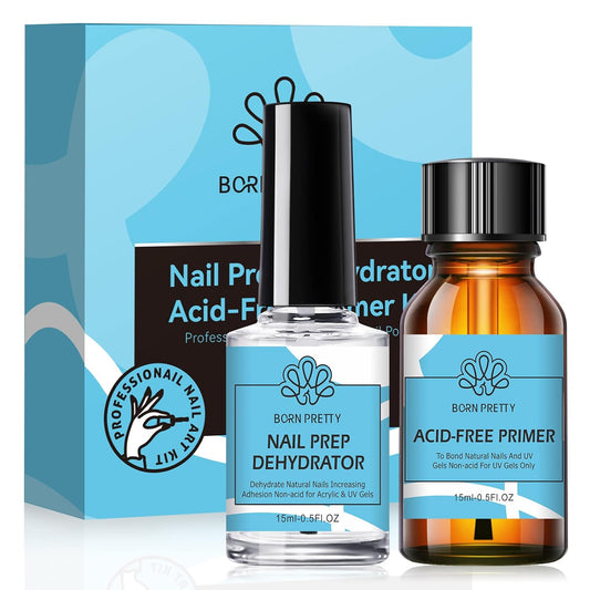 BORN PRETTY Natural Nail Prep Dehydrate and Bond Primer Acid-Free,15ml Dehydrator for Acrylic and Gel Nail Polish, Non Acid Primer for UV Gels Fast Dry Superior Bonding Agent Gift Box Set-Velvo Beauty