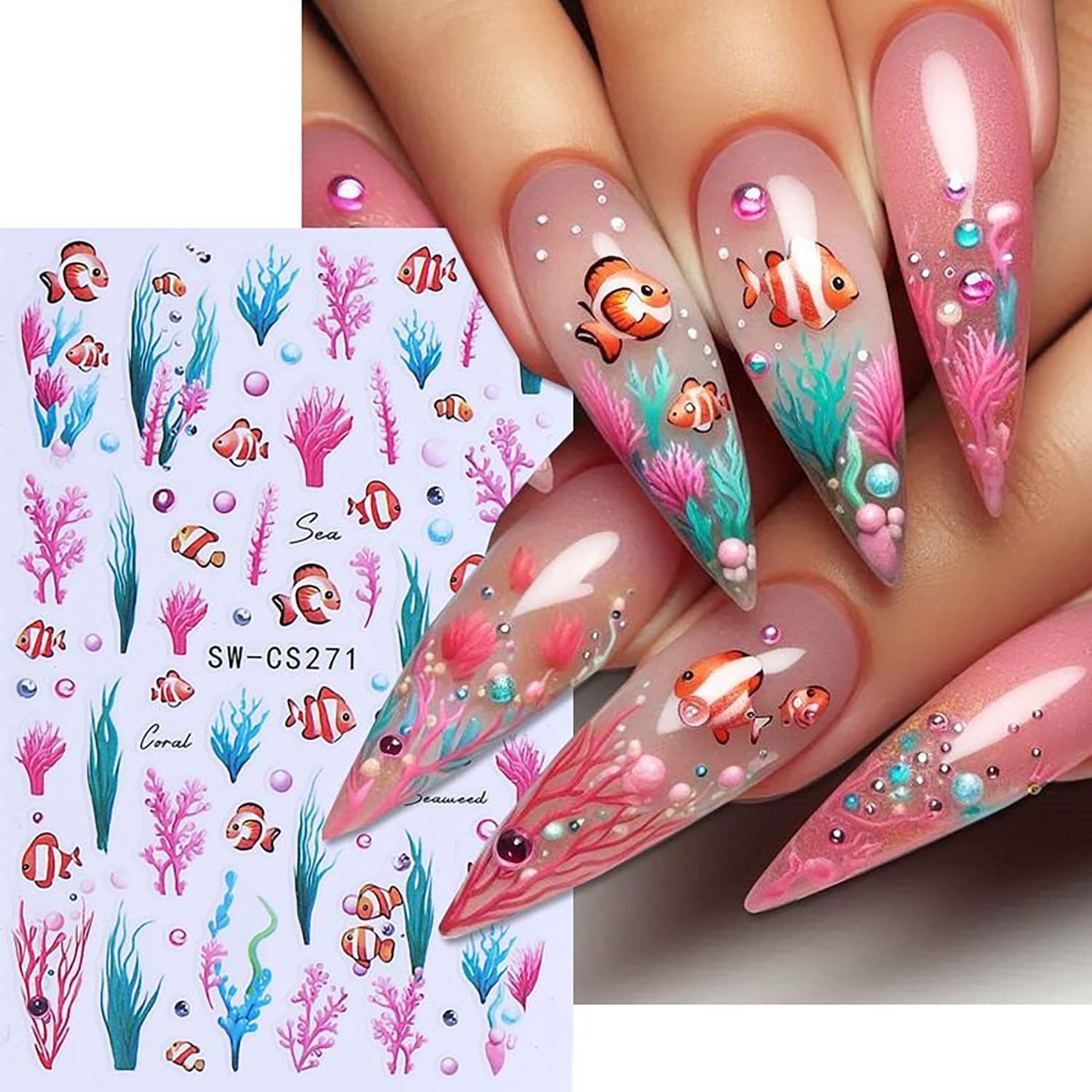 6 Sheets Ocean Plant Nail Art Stickers 3D Self -Adhesive Colorful Seaweed Shell Nail Decals Holographic Cute Fish Starfish Bubbles Nail Stickers Summer Nail Decoration for Women Manicure Supplies-Velvo Beauty
