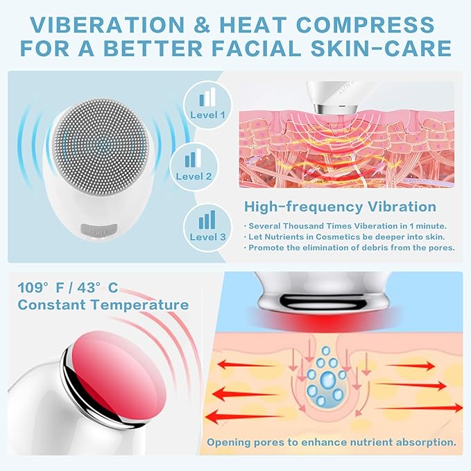 Facial Cleansing Brush, 2 in 1 Vibration & Heating Face Scrubber for Cleansing & Exfoliating Waterproof, Suitable for Sensitive & Acne-Prone Skin, 5 Speed for Deep Facial Cleansing-Velvo Beauty