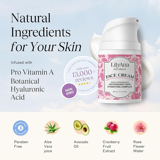 LilyAna Naturals Face and Neck Moisturizer for Women and Men - Moisturizer Face and Neck Cream for Dry Skin and Dark Spot Brightening - Rose and Pomegranate Extracts - 1.7oz-Velvo Beauty