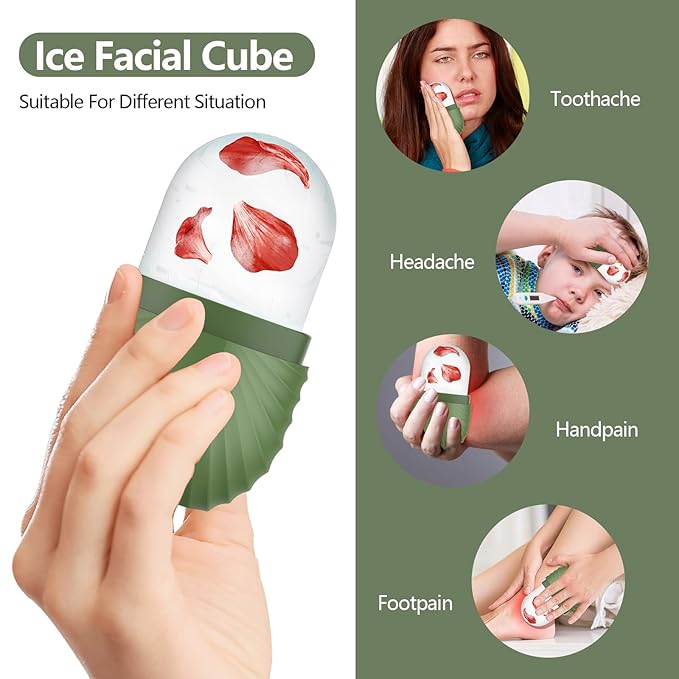 Ice Roller for Face and Eye, Silicone Ice Facial Roller Ice Holder, Face Ice Mold Skin Care, Face Icers Reusable Ice Cube Roller for Shrink Pores Anti Wrinkle Reduce Puffiness, Green-Velvo Beauty