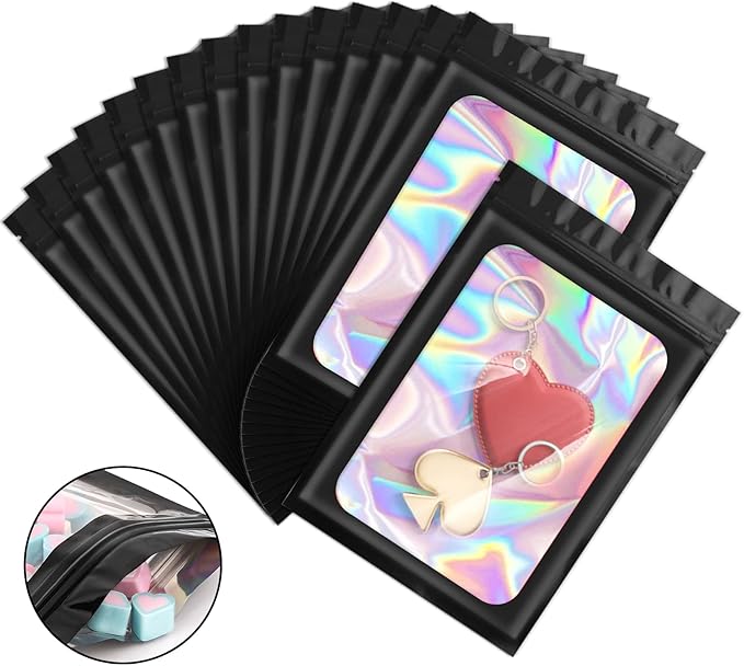 100 Pieces Smell Proof Mylar Bags, Holographic Packaging Bags, Resealable Odor Foil Pouch Zipper Bag with Clear Window for Food Storage and Lipgloss, Jewelry Lash (Black, 4 x 6 Inch)-Velvo Beauty