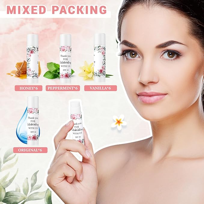 24 Pcs SPF 30 Lip Balm Bulk for Summer Wedding Baby Shower 4th of July Party Sunscreen Lip Balm Sticks Outdoor Travel Sunscreen Care Lip Balm for Thank You Gifts Party Supplies (Floral)-Velvo Beauty