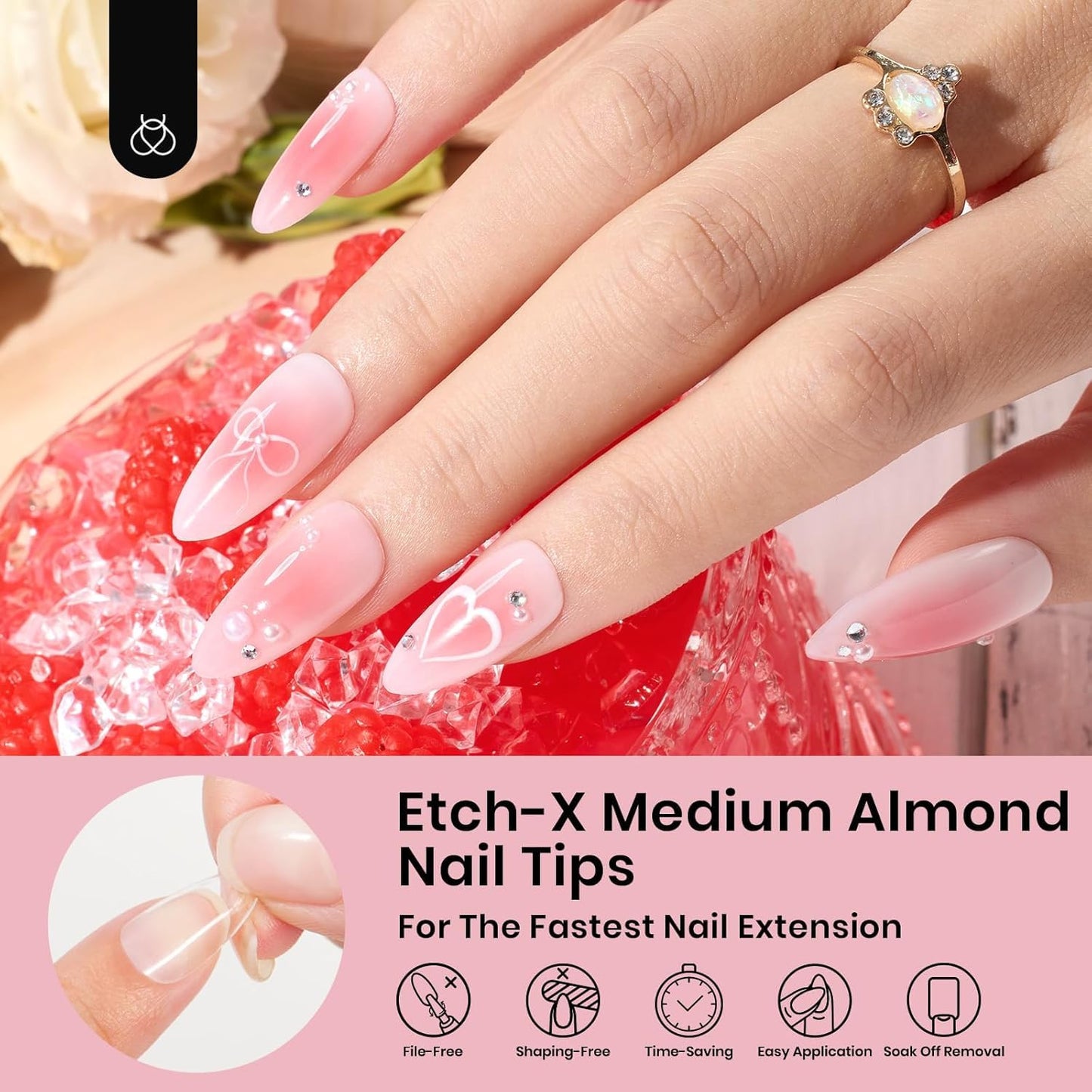 Beetles Gel Nail Tips Medium Almond Etch X Nail Tips, 12 Sizes 288 PCS Half Matte Full Cover False Nails Clear Acrylic Nails Glue on Nails DIY Gift for Women-Velvo Beauty