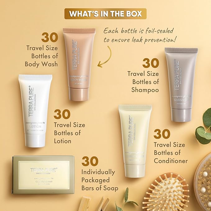 Terra Pure Spa Collection Bulk Set Toiletries | 1-Shoppe All-In-Kit Amenities for Hotels & Airbnb | 0.85 oz Hotel Shampoo & Conditioner, Body Wash, Lotion & Cleansing Bar Travel Size Tubes| 150 Pieces-Velvo Beauty