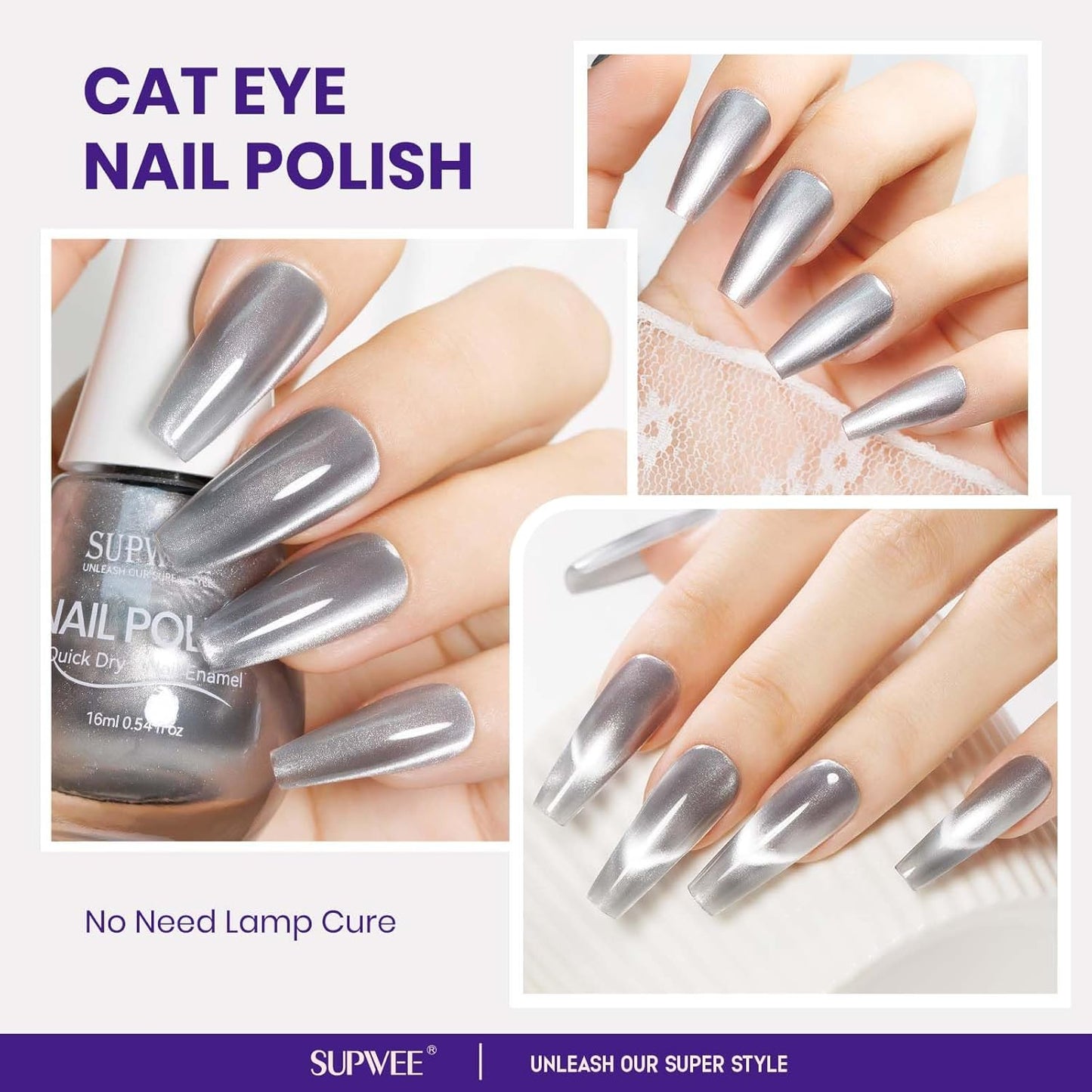 Quick Dry Cat Eye Nail Polish, Silver Magnetic Nail Polish Shimmer Glitter with Magnet High Glossy Fingernail Air Dry Fast Manicure DIY Salon Fall Colors-Velvo Beauty