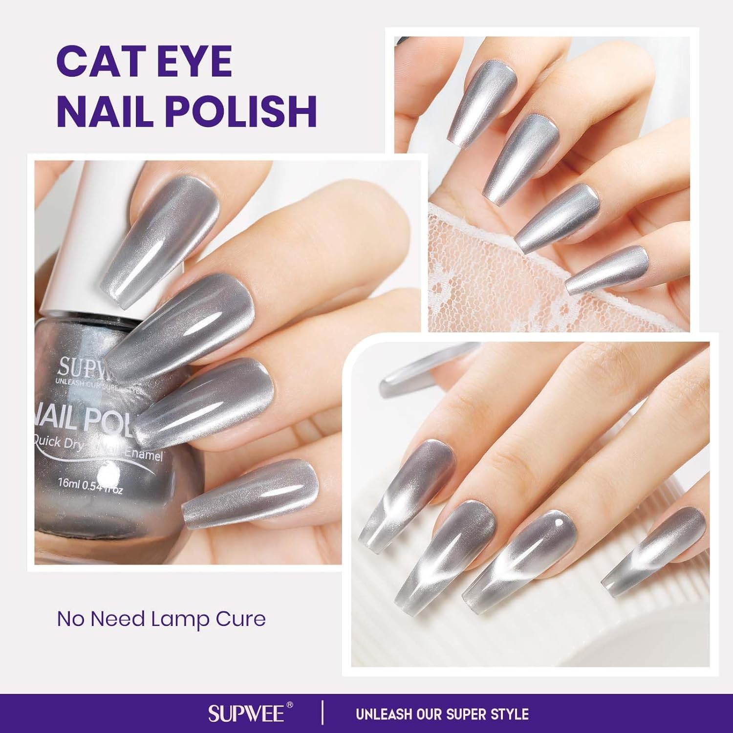 Quick Dry Cat Eye Nail Polish, Silver Magnetic Nail Polish Shimmer Glitter with Magnet High Glossy Fingernail Air Dry Fast Manicure DIY Salon Fall Colors-Velvo Beauty