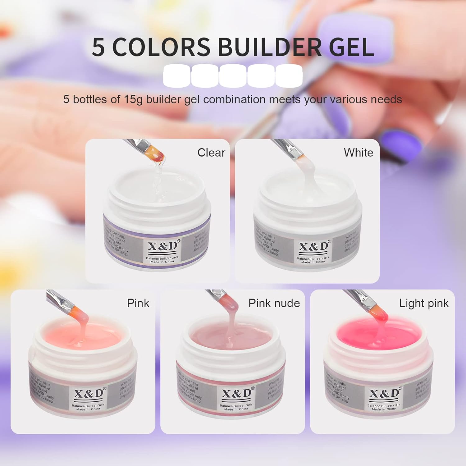 X&D Poly Gel Nail Kit 5 Colors Natural Clear Poly Nail Gel Kit Nail Extension Builder Nail Gel with Nail Glue Gel,Dual Forms, Nail Forms, Brush, File Set-Velvo Beauty
