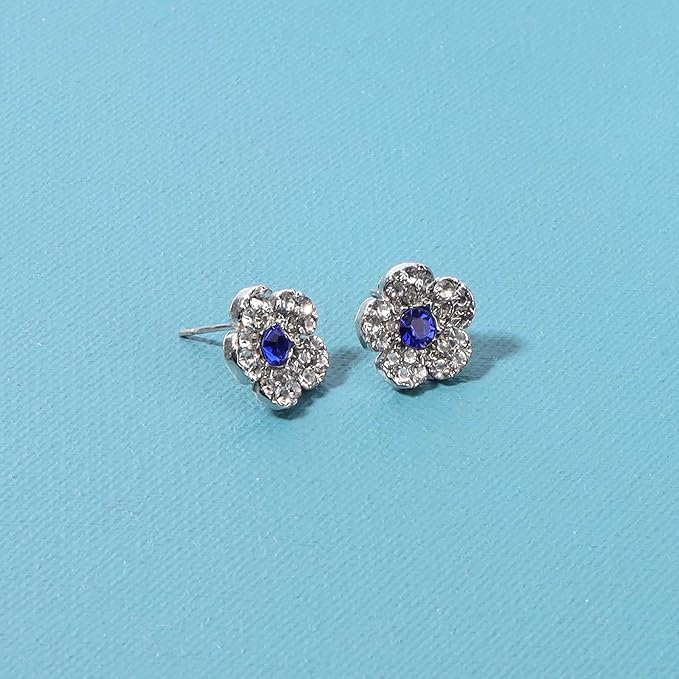 Boho CZ Flower Studs Earrings Silver Crystal Earrings Blue Flower Earrings Studs Wedding Earrings Jewelry for Women and Girls-Velvo Beauty